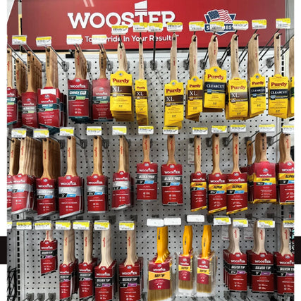 Paint & SuppliesWooster and Purdy paint brushes displayed on a shelf in Helena Hardware.
